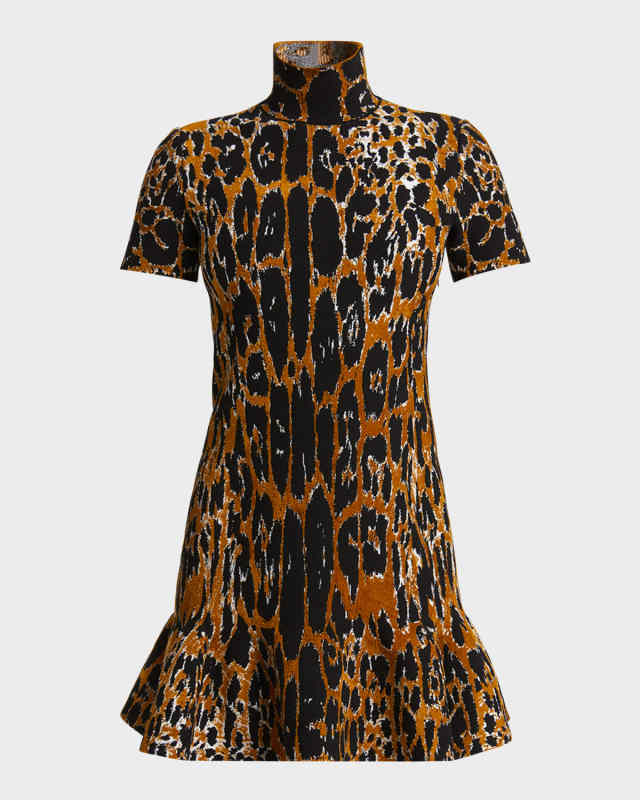 Mock-Neck Leopard Short-Sleeve Skater Mini Dress
