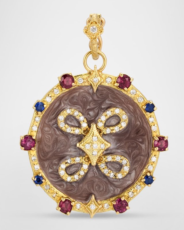18K Yellow Gold and Enamel Enhancer with Diamonds, Purple Garnets, and Blue Sapphires