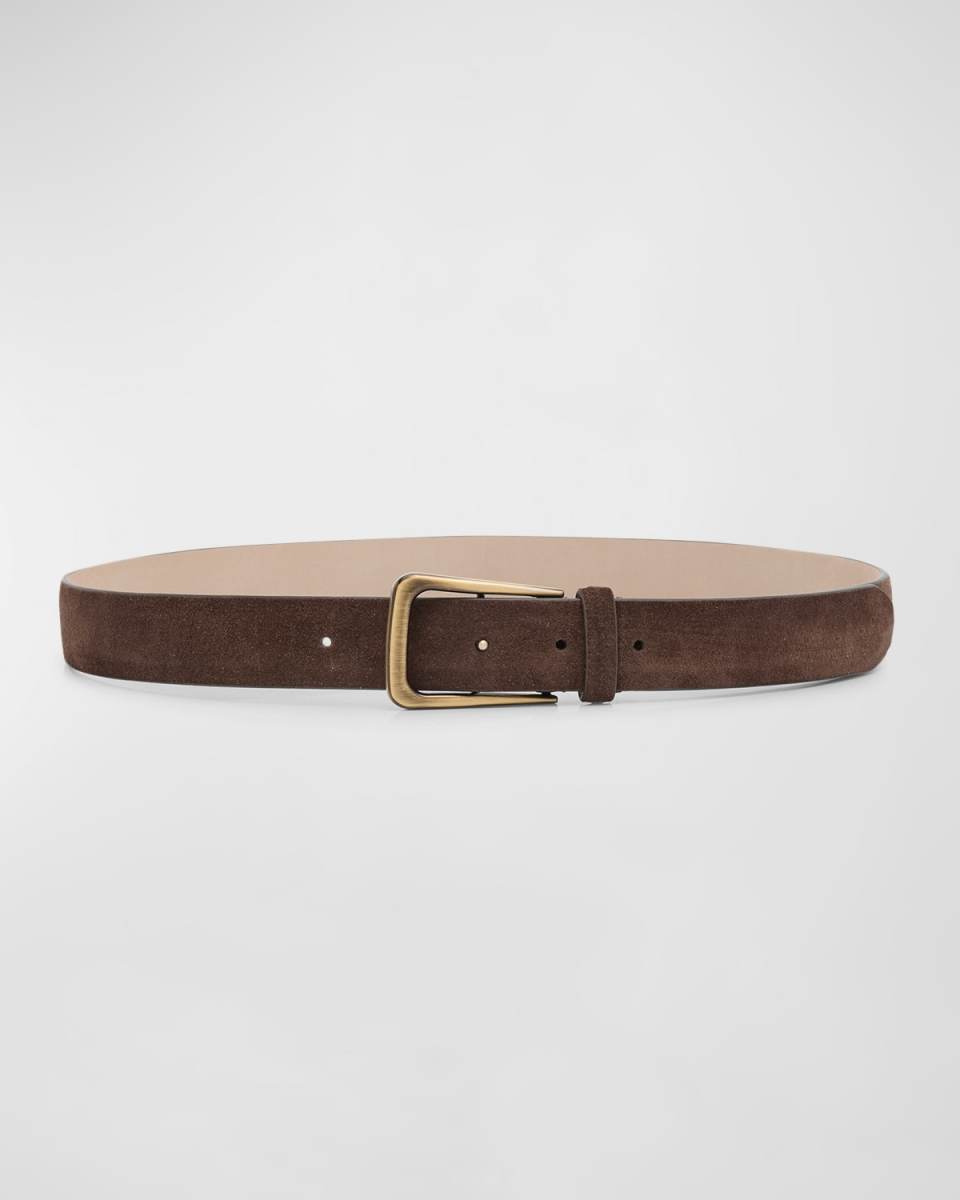 Soft Velour Leather Logo-Buckle Belt
