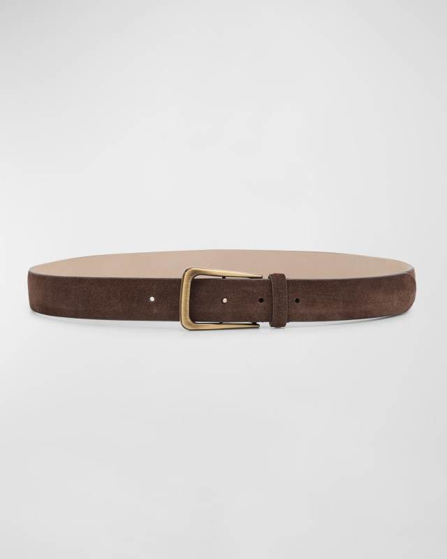 Soft Velour Leather Logo-Buckle Belt
