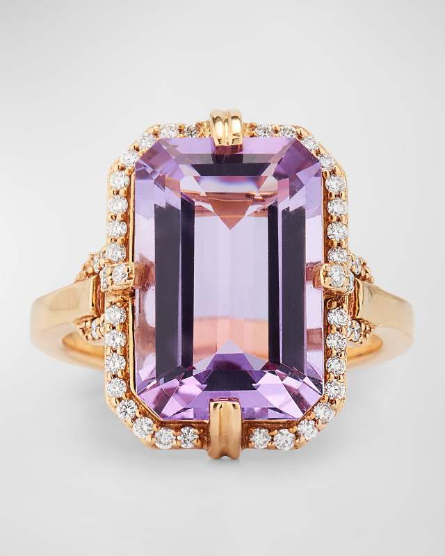 Gossip 10x15mm Emerald Cut Lavender Amethyst Ring with Diamonds in 18K Pink Gold