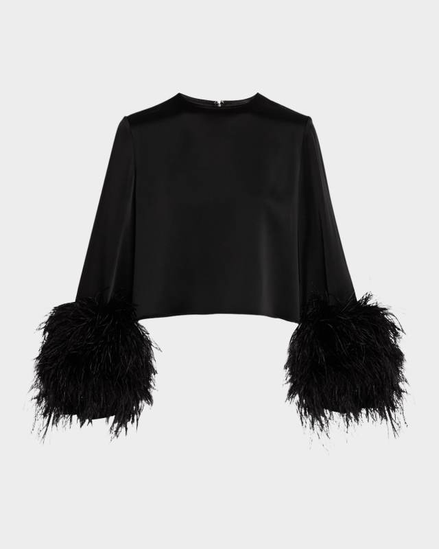 Feather-Trim Long-Sleeve Crop Satin Top