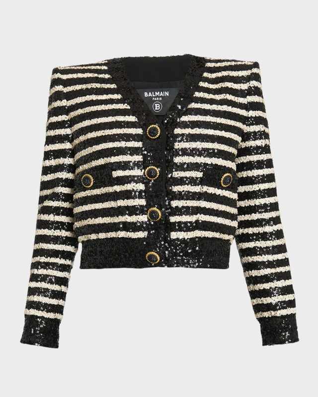 Striped Sequined Crop Jacket with Button Details