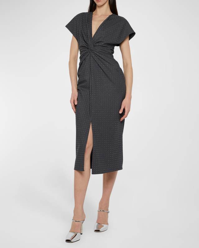 Jackie Crystal-Embellished Twist Short-Sleeve Midi Dress