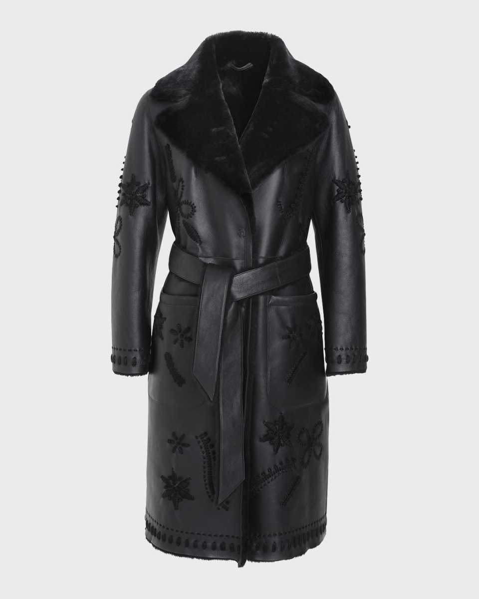 Lamb Shearling Wrap Coat with Floral Embroidery