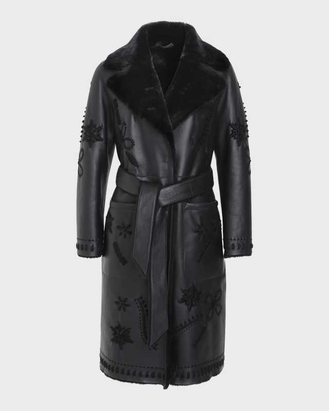 Lamb Shearling Wrap Coat with Floral Embroidery