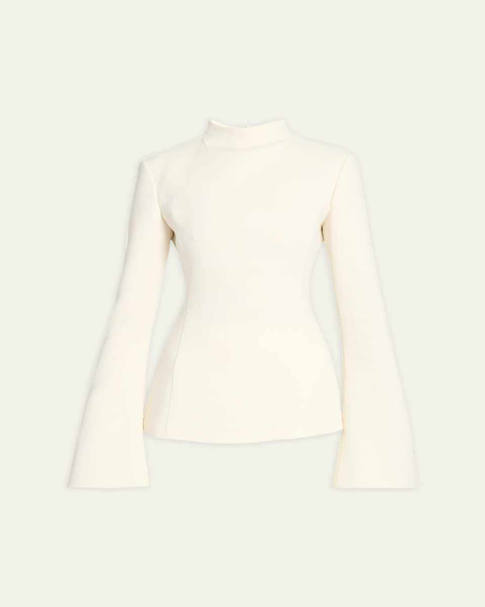 Delwyn Flare-Sleeve Slim Mock-Neck Wool Top