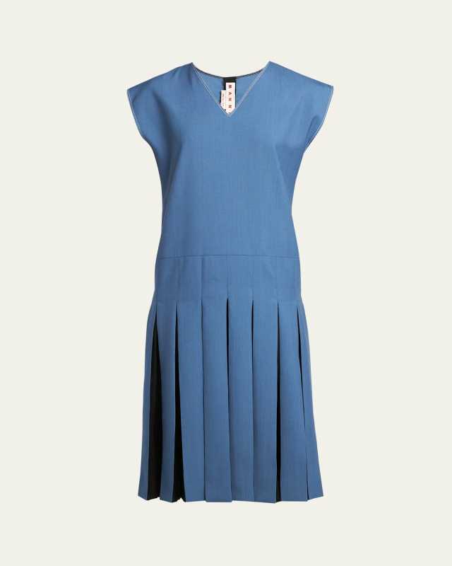 Pleated V-Neck Midi Dress