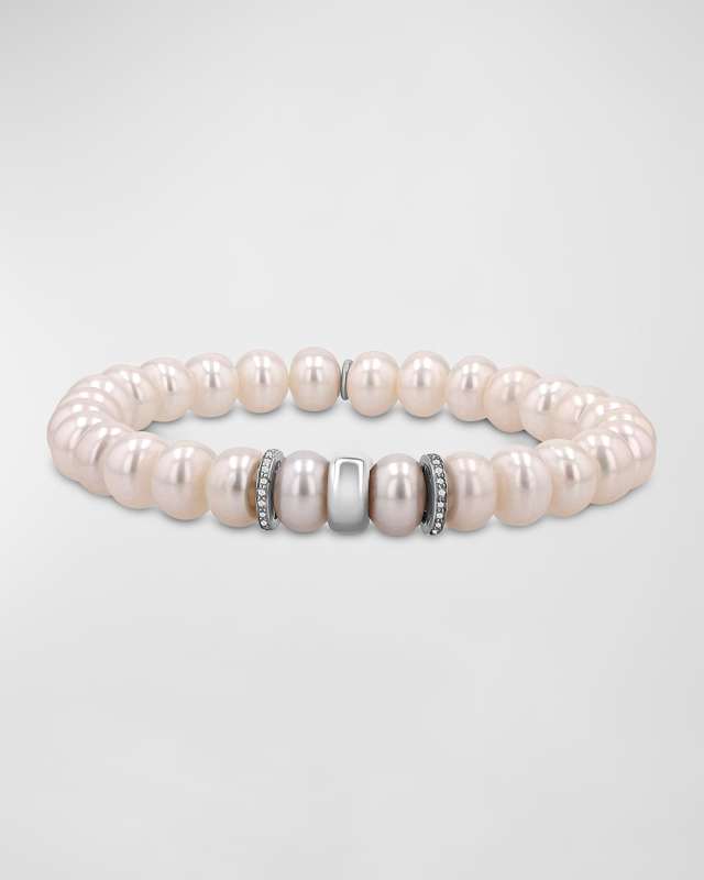 Pearl 8mm Bead Bracelet with 2 Diamond Rondelles