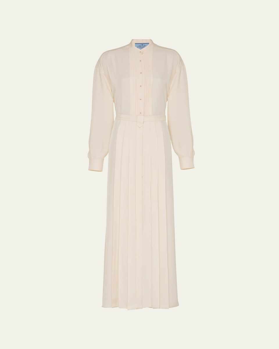 Long Pleated Twill Button Down Dress