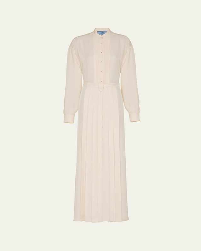 Long Pleated Twill Button Down Dress