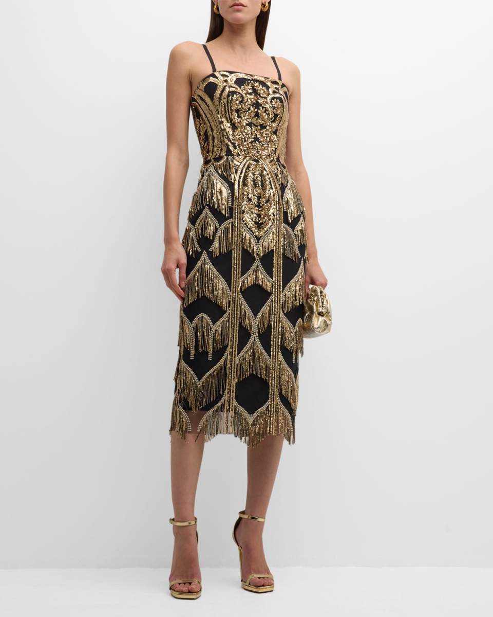 Morgan Sequin Fringe-Trim Bodycon Midi Dress