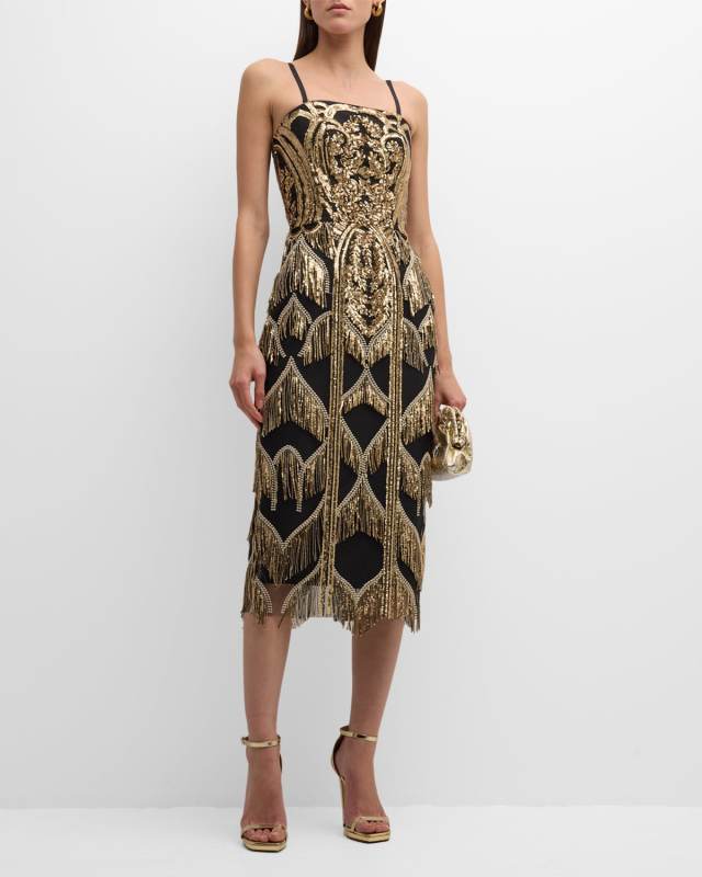 Morgan Sequin Fringe-Trim Bodycon Midi Dress