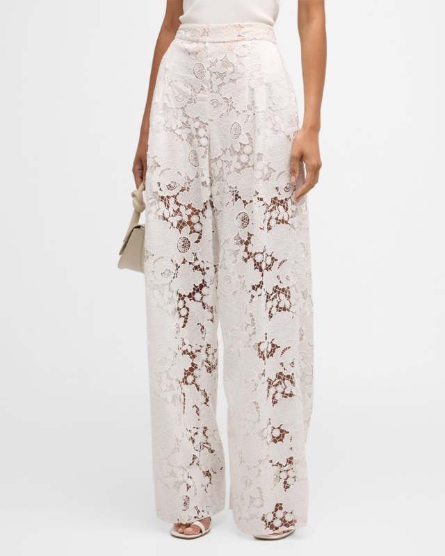 Mixed Botanical Guipure Wide-Leg Pleated Pants