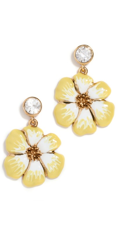 Oscar de la Renta Crystal Enamel Flower Drop Earrings Yellow