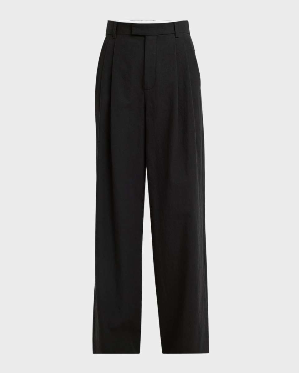 Giorgina Double-Pleated Wide-Leg Cotton-Linen Pants