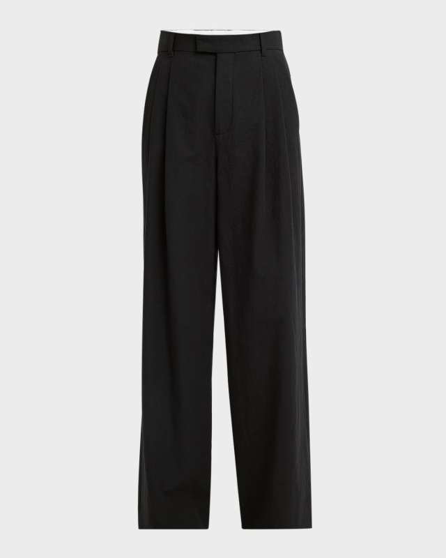 Giorgina Double-Pleated Wide-Leg Cotton-Linen Pants