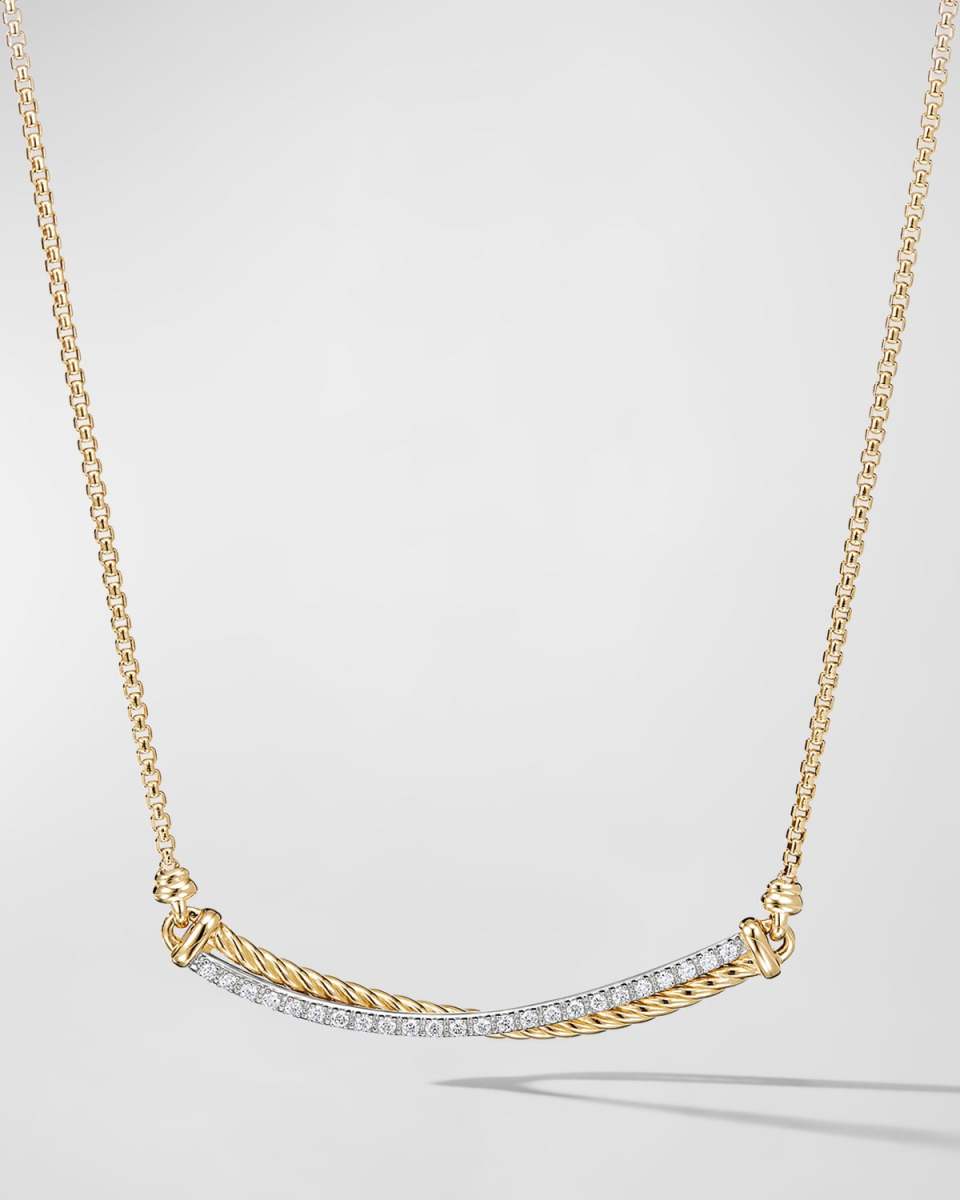 Crossover Bar Necklace with Diamonds in 18K Gold, 1.7mm, 16-17"L