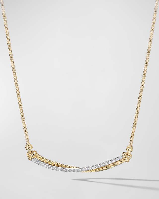 Crossover Bar Necklace with Diamonds in 18K Gold, 1.7mm, 16-17"L