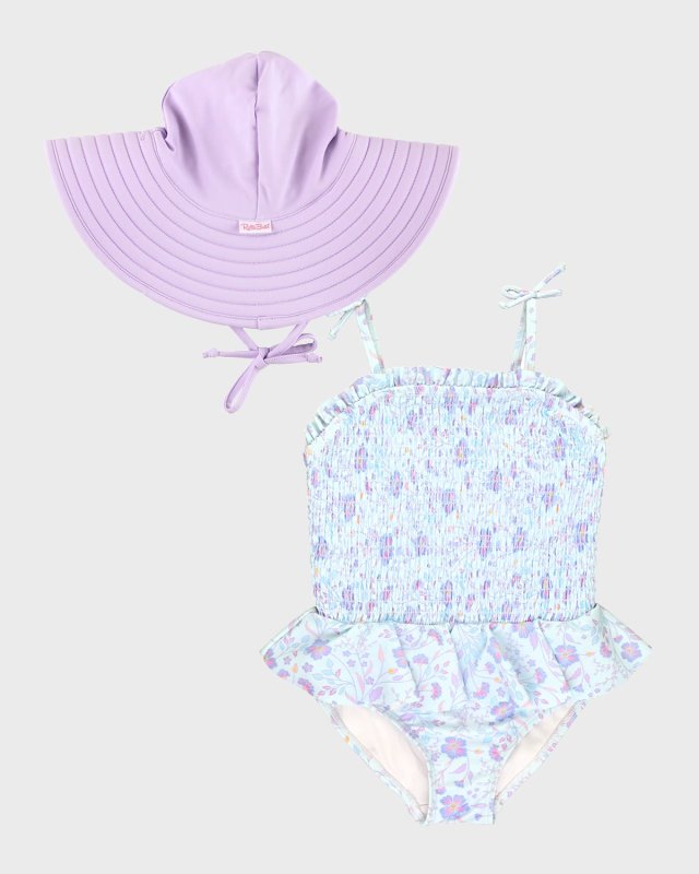 Girl's Fairytale Smocked Swimsuit and Hat Set, Size 3M-8
