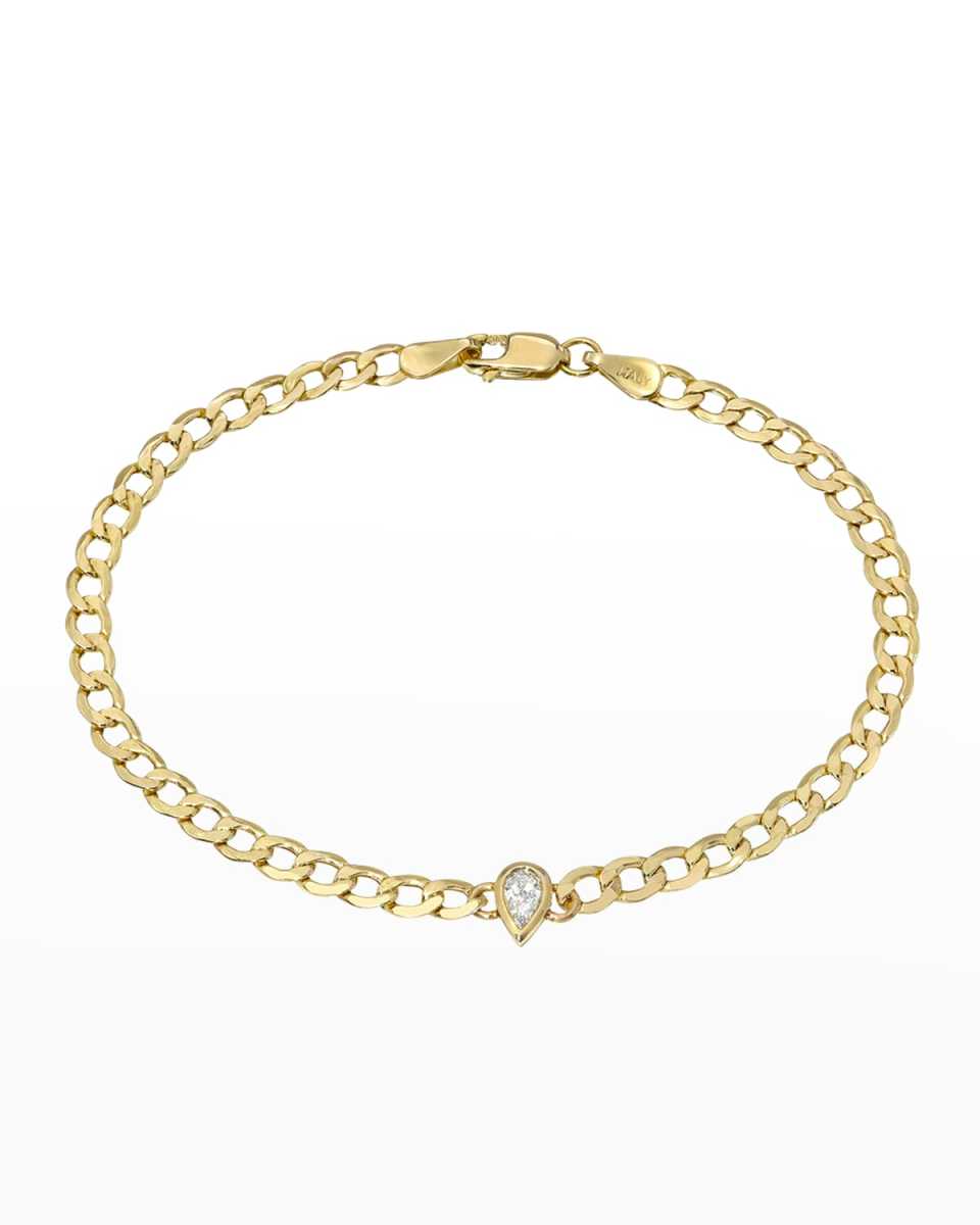 14K Gold Cuban Link Bracelet with Diamond Pear Bezel