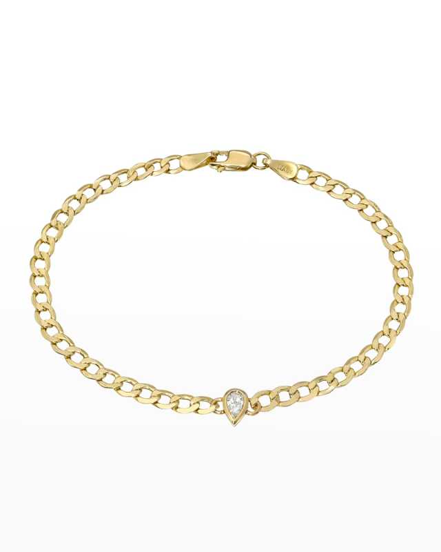 14K Gold Cuban Link Bracelet with Diamond Pear Bezel