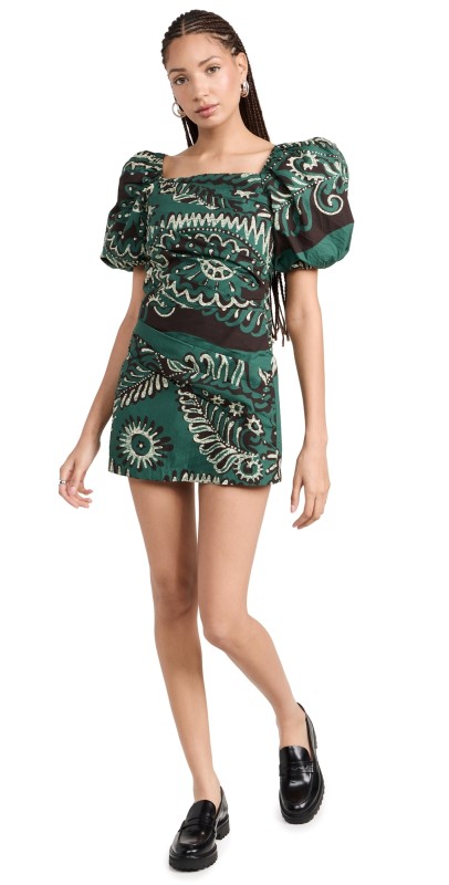 Sea Charlough Print Puff Sleeve Draped Dress Green