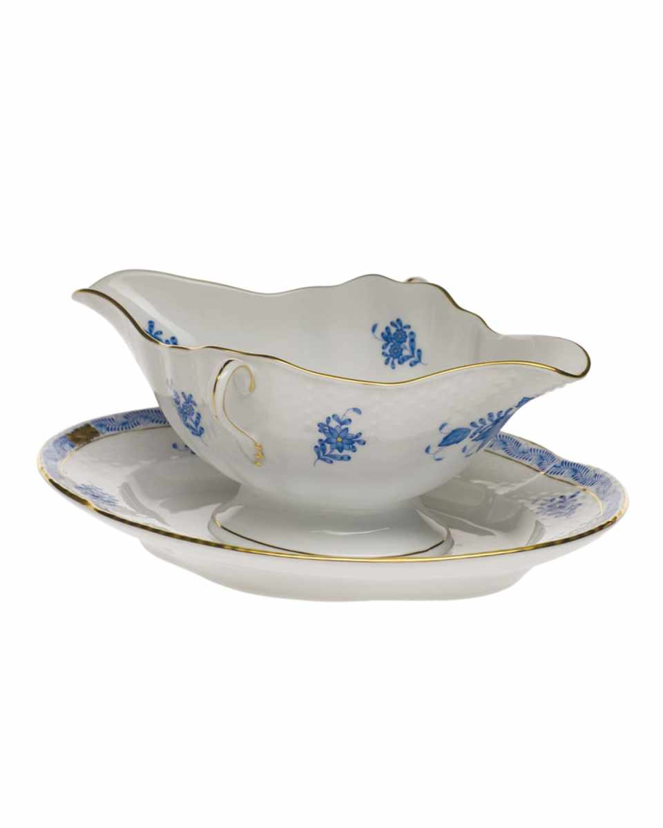 Chinese Bouquet Blue Gravy Boat with Fixed Stand