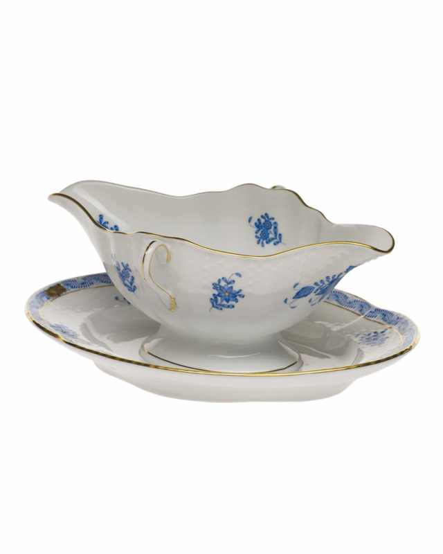 Chinese Bouquet Blue Gravy Boat with Fixed Stand