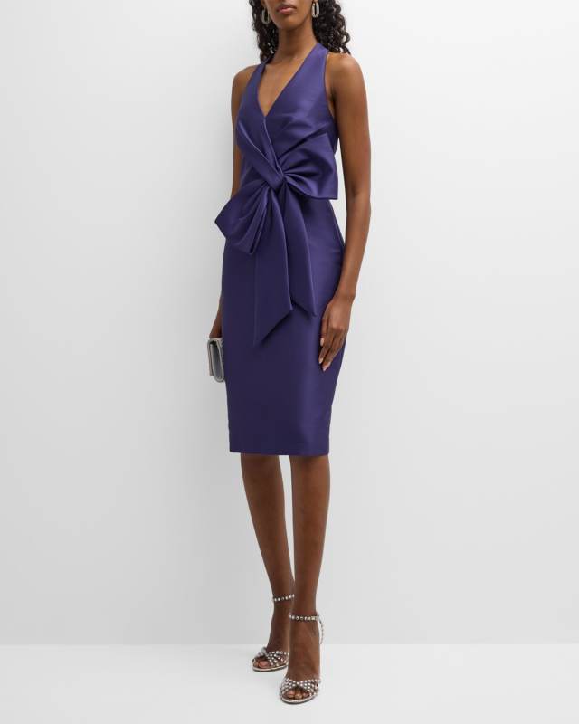 Pleated Bow-Front Bodycon Midi Dress
