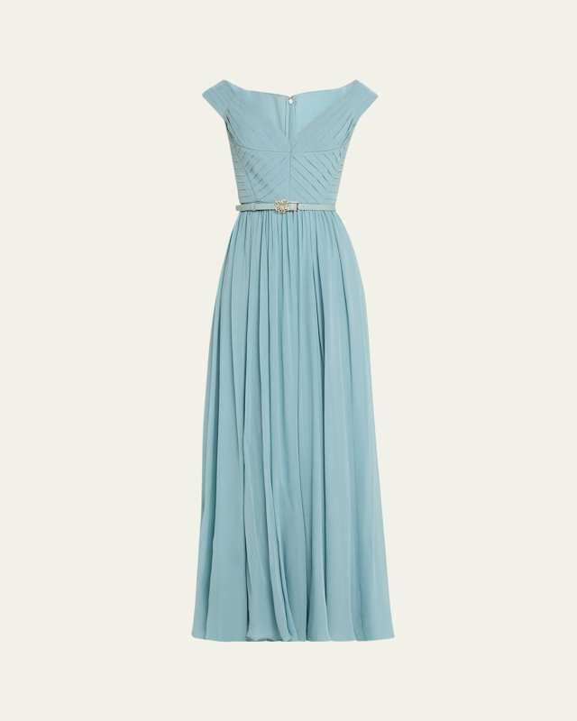 Pleated Silk Gown with Scarf and Belted Waist