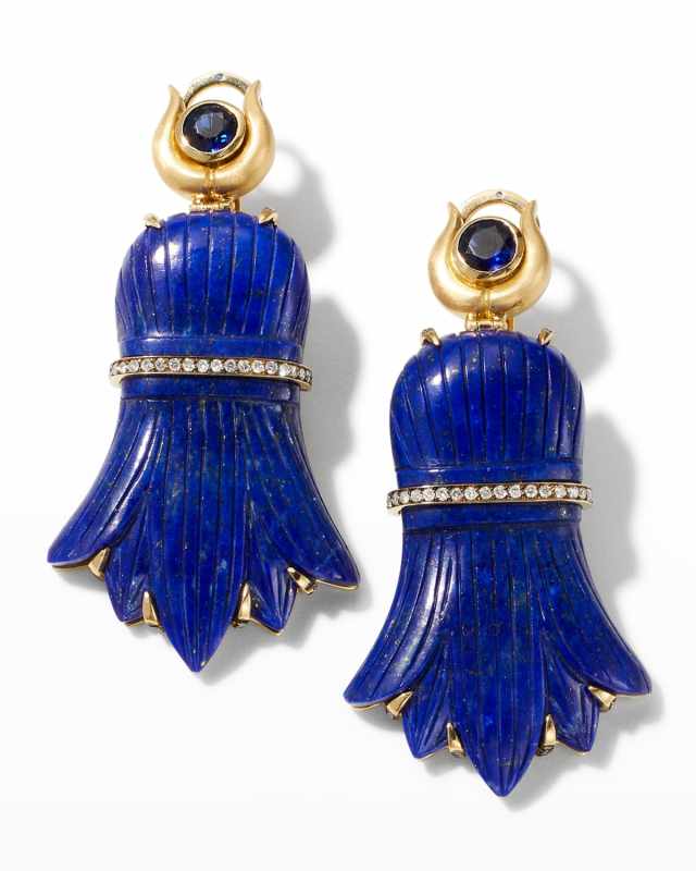 18K Yellow Gold Egypt Earrings with Diamonds, Kyanite and Lapis