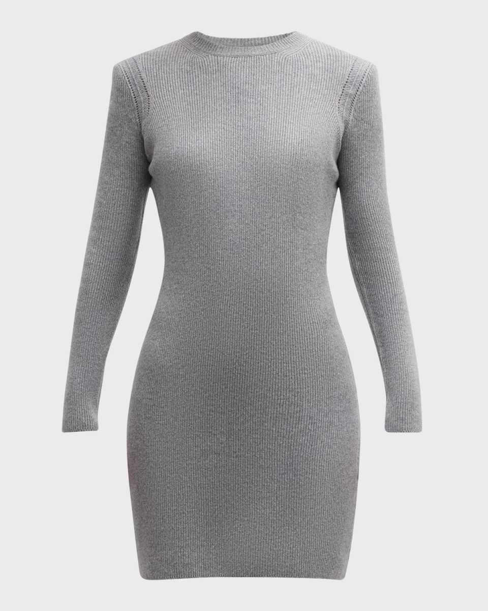 Long-Sleeve Strong-Shoulder Cashmere Rib Mini Dress