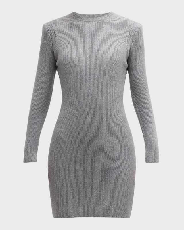 Long-Sleeve Strong-Shoulder Cashmere Rib Mini Dress