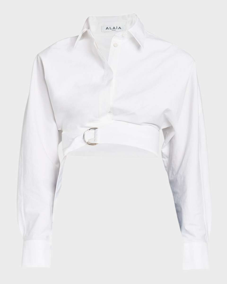 Crossover Waist Crop Collared Shirt