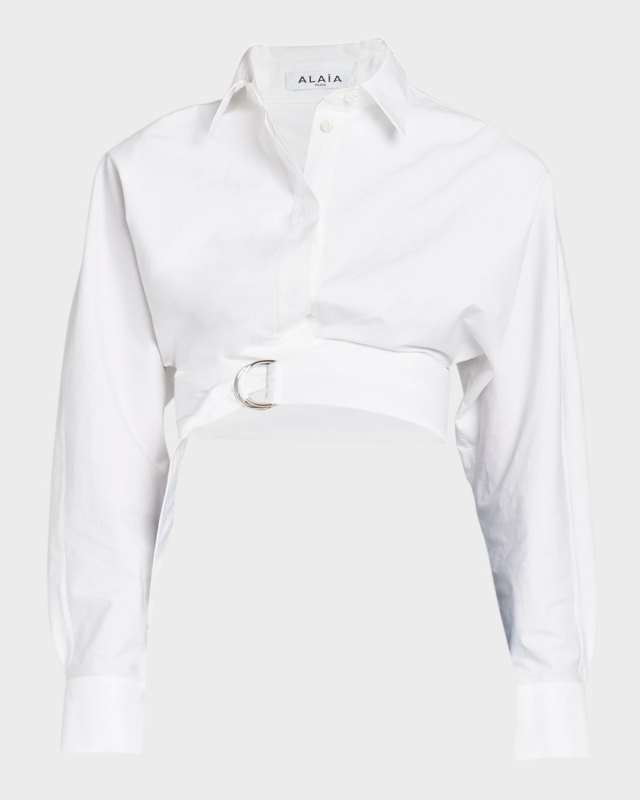 Crossover Waist Crop Collared Shirt