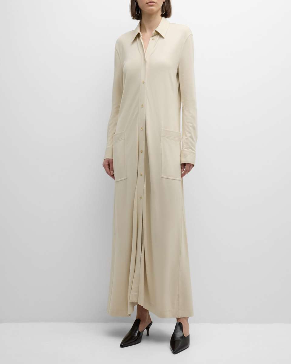 Long-Sleeve Flowing Jersey Maxi Shirtdress