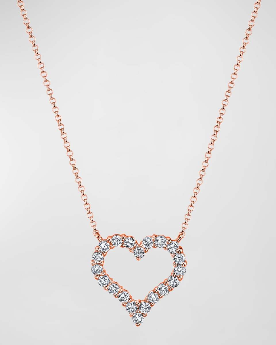 18K Gold Shared-Prong Round Diamond Heart Pendant Necklace, 16"L, 0.65tcw