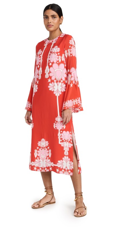 Borgo de Nor Astoria Crepe Dress Geo Flower Placement - Red