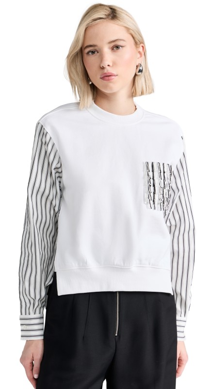 3.1 Phillip Lim Long Sleeve Striped Fringe Pocket Sweatshirt White Multi Stripe