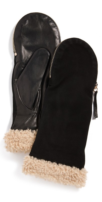 Carolina Amato Shearling Cuff Mittens Black/Natural