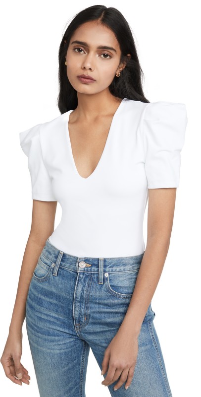 Susana Monaco Pleated Sleeve Deep V Top Sugar