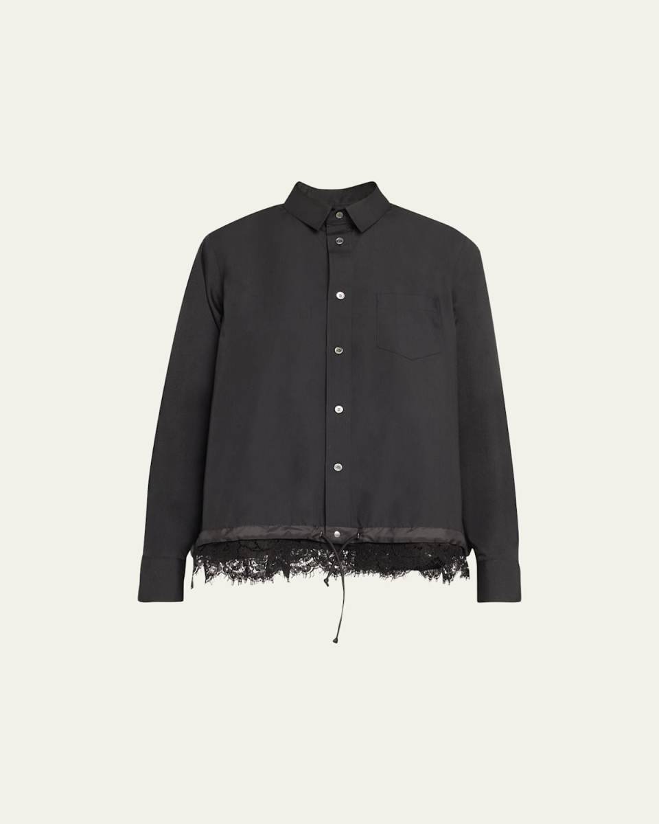 Lace Trim Poplin Button Down Drawstring Top