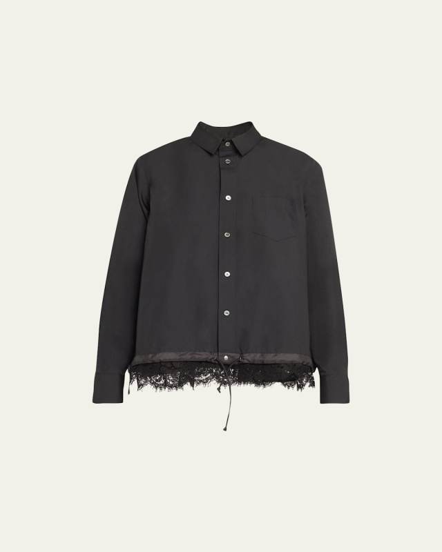 Lace Trim Poplin Button Down Drawstring Top