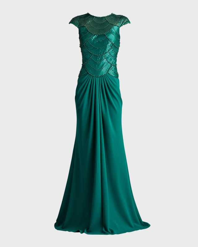 Pleated Bead & Sequin Crepe Gown
