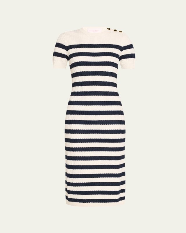 Striped Knit Midi Dress with Button Detail
