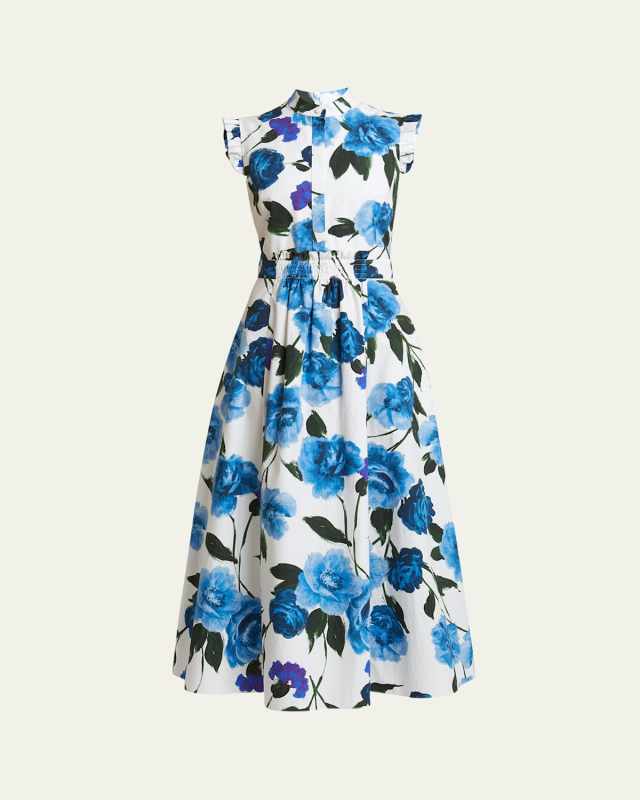 Sleeveless Floral Cotton Midi Dress With Full Skirt