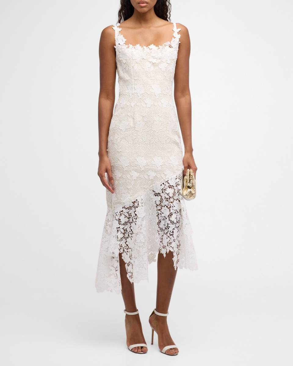 Sleeveless Tweed And Guipure Midi Dress