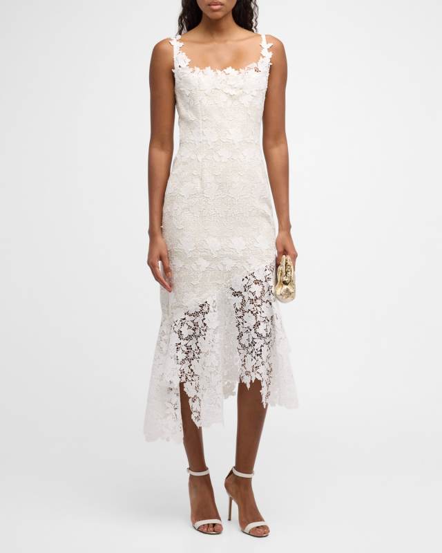 Sleeveless Tweed And Guipure Midi Dress