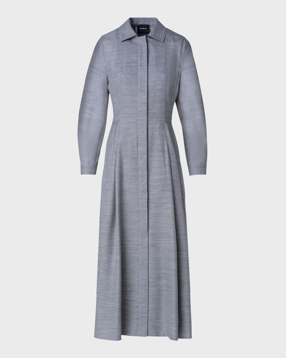 Long-Sleeve Pleated Wool-Silk Midi Shirtdress